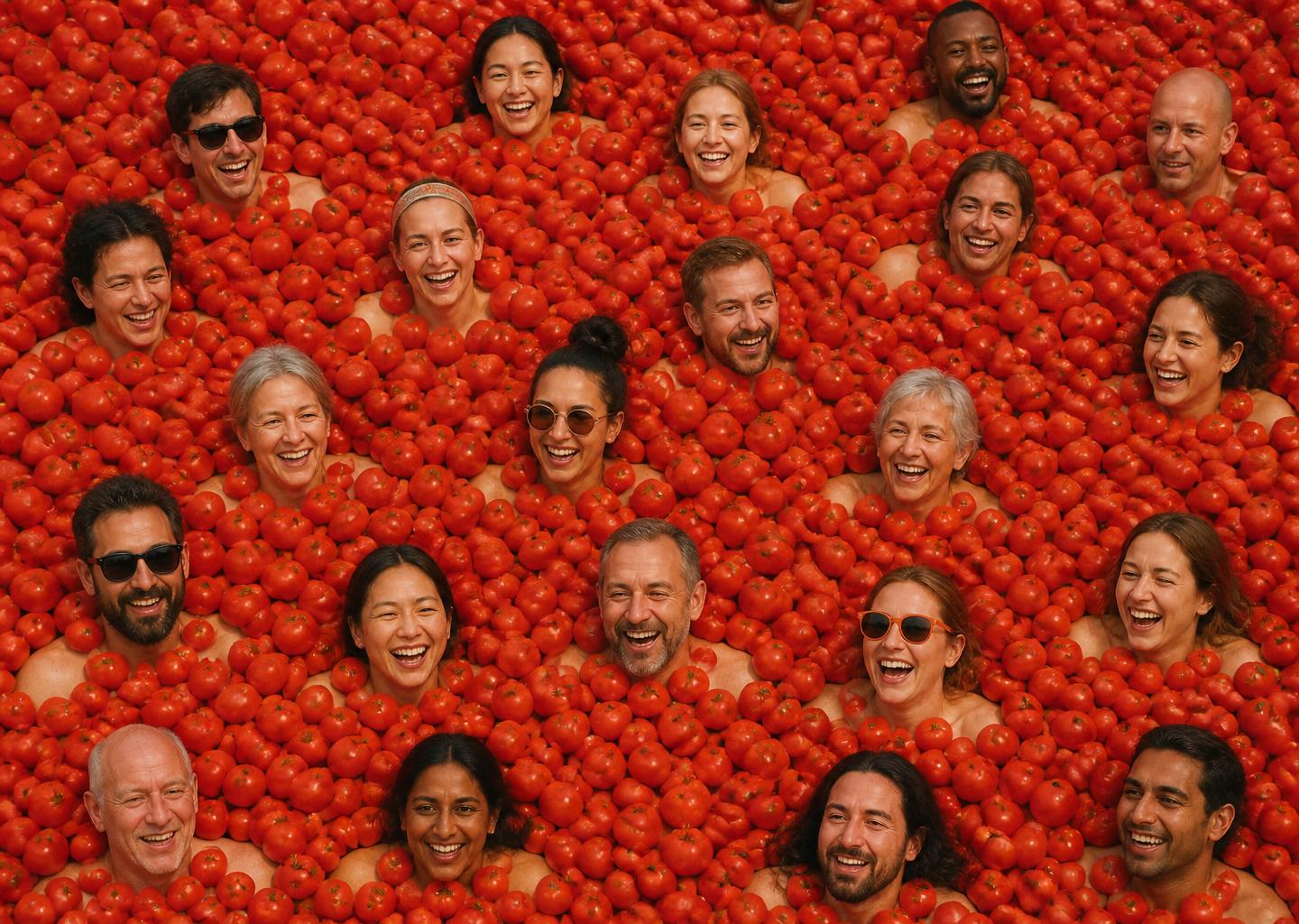 Bird's-eye view of many diverse people laughing while buried up to their necks in a sea of red tomatoes